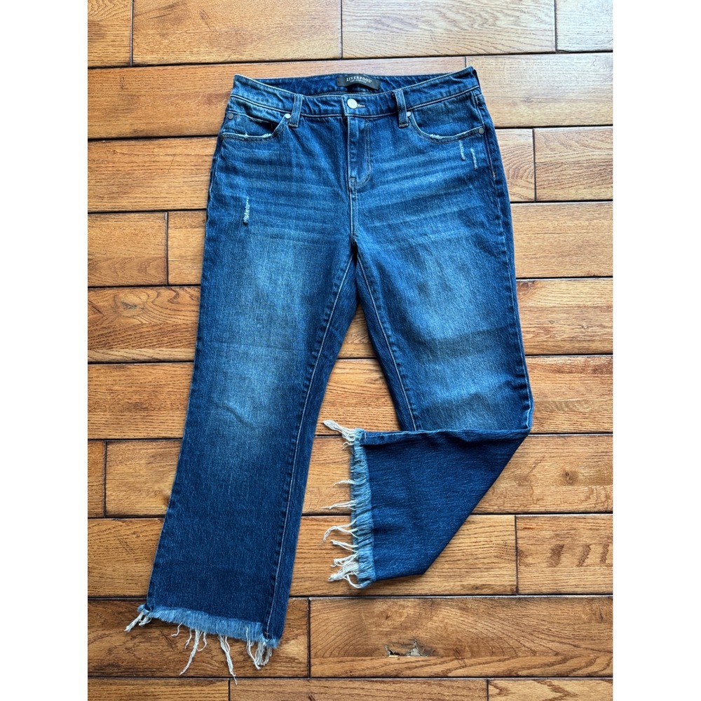 Liverpool Jean Women 10 Mid Rise Wide Leg Crop Frayed Raw Hem Oceana Wash Strech